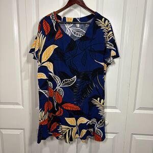 Vintage Style Hawaiian Floral Mini Dress Blue Orange Boho Flowy Resort Y2K XL